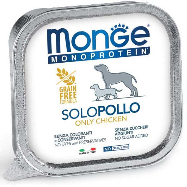 Image of Monge Monoprotein SOLO Patè Grain Free 150 gr - Pollo Confezione da 24 pezzi Monoproteico crocchette cani Cibo Umido per Cani
