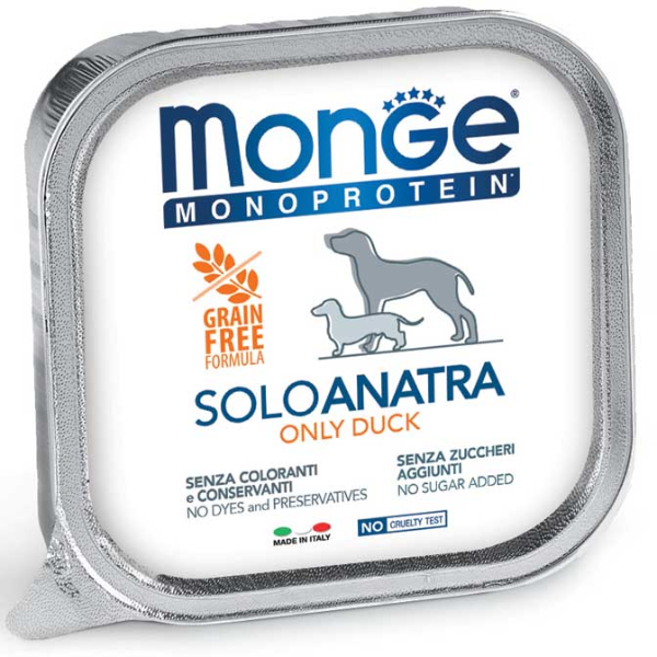 Image of Monge Monoprotein SOLO Patè Grain Free 150 gr - Anatra Confezione da 24 pezzi Monoproteico crocchette cani Cibo Umido per Cani
