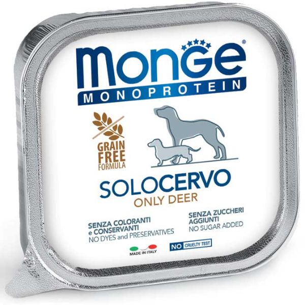 Image of Monge Monoprotein SOLO Patè Grain Free 150 gr - Cervo Confezione da 24 pezzi Monoproteico crocchette cani Cibo Umido per Cani