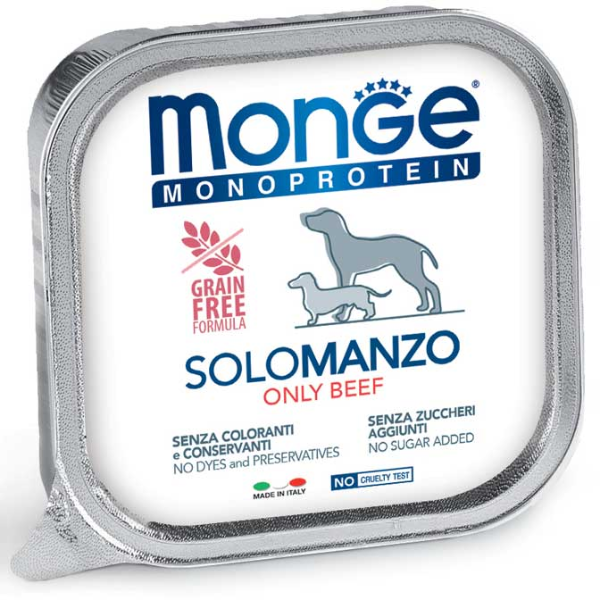 Image of Monge Monoprotein SOLO Patè Grain Free 150 gr - Manzo Confezione da 24 pezzi Monoproteico crocchette cani Cibo Umido per Cani