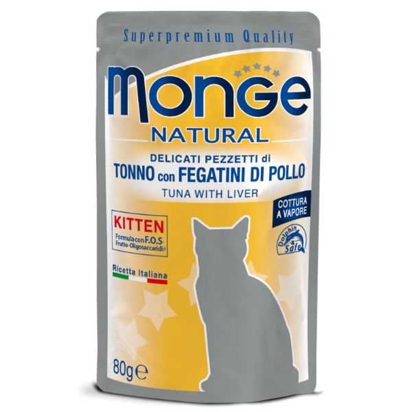 Image of Monge Natural Kitten cottura al vapore 80 gr - Tonno con Fegatini di Pollo Confezione da 6 pezzi Cibo umido per gatti