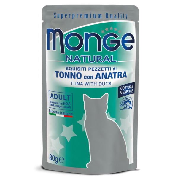 Image of Monge Natural Adult cottura al vapore 80 gr - Tonno con Anatra Confezione da 24 pezzi Cibo umido per gatti