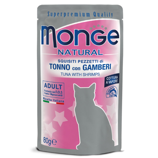 Image of Monge Natural Adult cottura al vapore 80 gr - Tonno con Gamberetti Confezione da 24 pezzi Cibo umido per gatti