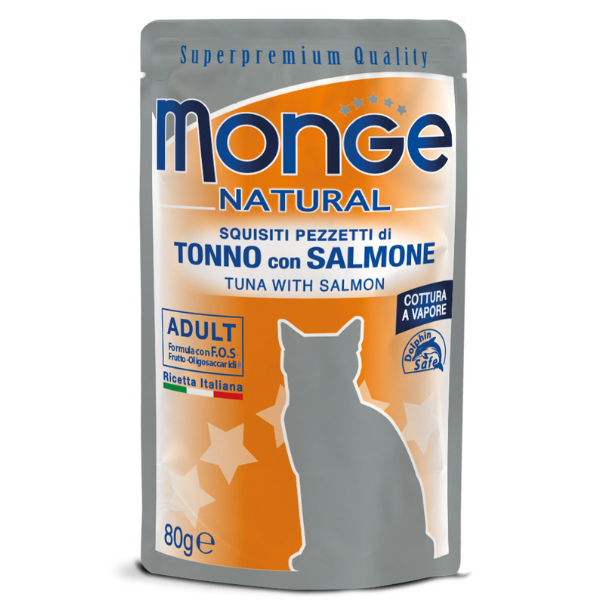 Image of Monge Natural Adult cottura al vapore 80 gr - Tonno con Salmone Confezione da 24 pezzi Cibo umido per gatti