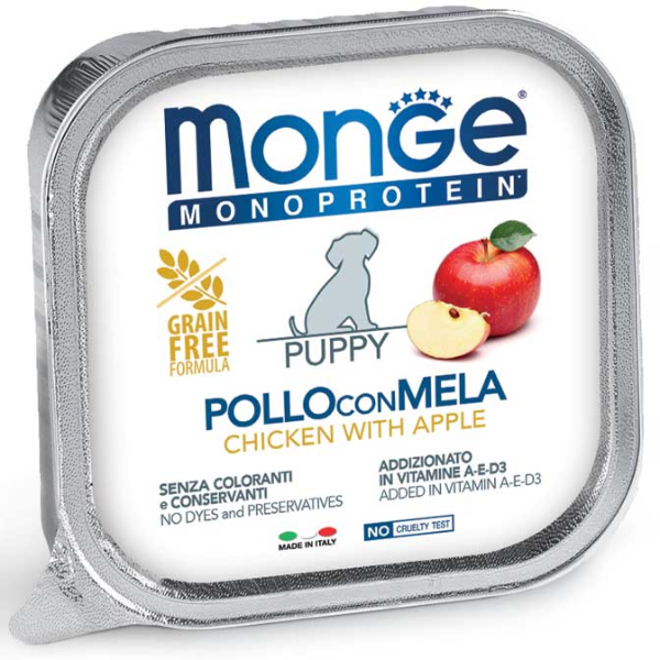 Image of Monge Monoprotein Patè Puppy Grain Free 150 gr - Pollo e Mela Confezione da 6 pezzi Monoproteico crocchette cani Cibo Umido per Cani