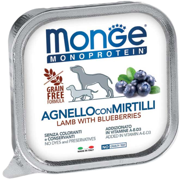 Image of Monge Monoprotein Patè Adult Grain Free 150 gr - Agnello e Mirtilli Confezione da 6 pezzi Monoproteico crocchette cani Cibo Umido per Cani