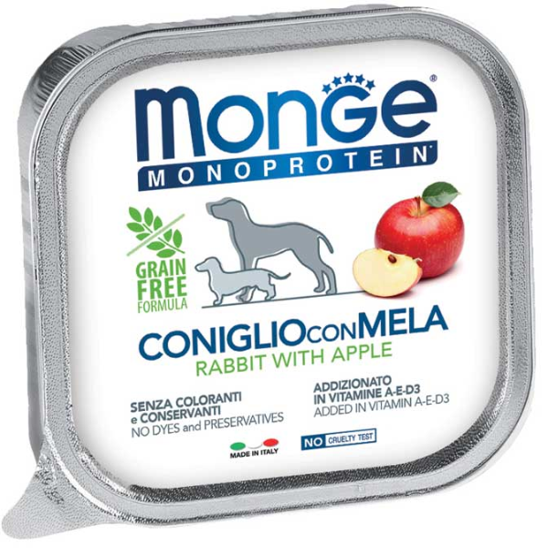 Image of Monge Monoprotein Patè Adult Grain Free 150 gr - Coniglio e Mela Confezione da 6 pezzi Monoproteico crocchette cani Cibo Umido per Cani