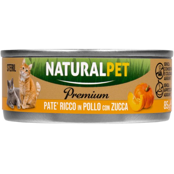 Image of NaturalPet Premium Cat Sterilised Patè 85 gr - Pollo con zucca Confezione da 6 pezzi Cibo umido per gatti