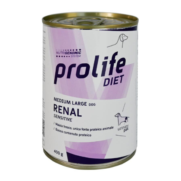 prolife veterinary formula prolife dog sensitive medium/large 400 gr - renal confezione da 6 pezzi cibo umido per cani uomo