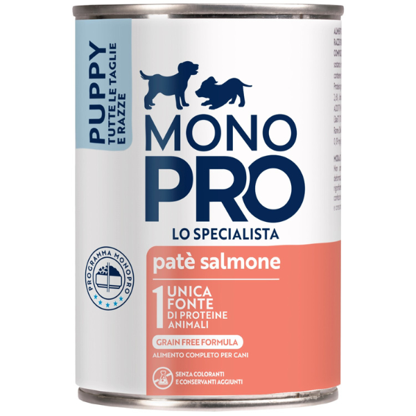 Image of Monopro lo specialista Puppy All Breeds Patè Grain Free 400 gr - Salmone Monoproteico crocchette cani Cibo Umido per Cani