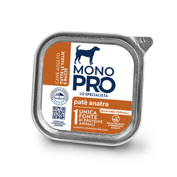 Image of Monopro lo specialista Adult All Breeds Patè Grain Free 150 gr - Anatra Confezione da 6 pezzi Monoproteico crocchette cani Cibo Umido per Cani