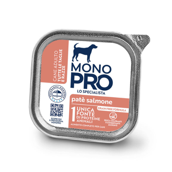 Image of Monopro lo specialista Adult All Breeds Patè Grain Free 150 gr - Salmone Monoproteico crocchette cani Cibo Umido per Cani