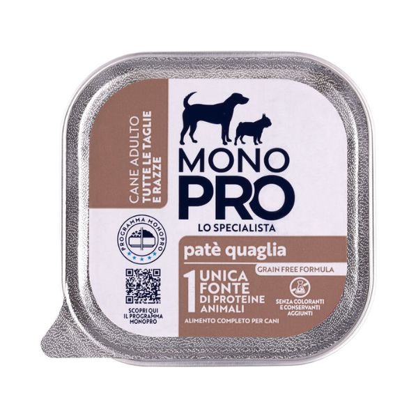 Image of Monopro lo specialista Adult All Breeds Patè Grain Free 150 gr - Quaglia Monoproteico crocchette cani Cibo Umido per Cani