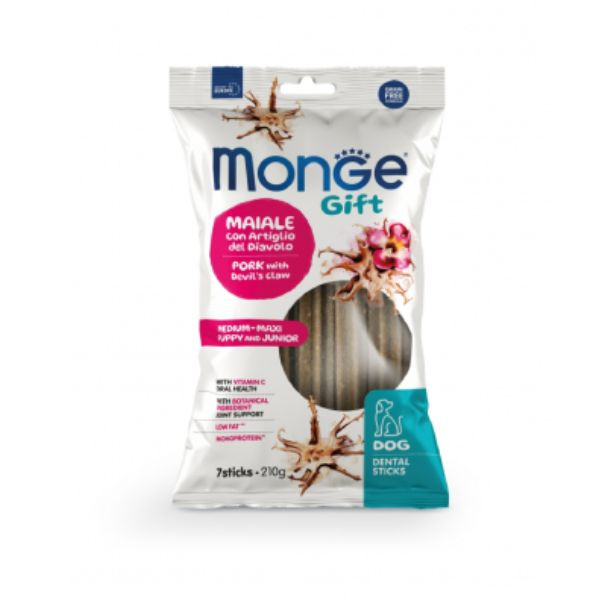 Image of Monge Gift snack grain free per cuccioli Dental - per taglia media/maxi - 210 gr - maiale con artiglio del diavolo