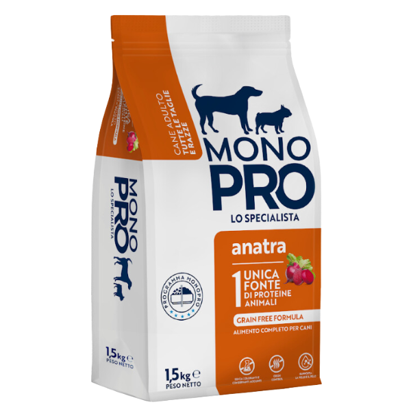 Image of Monopro lo specialista Adult All Breeds Grain Free Anatra - 1,5 Kg Croccantini per cani Monoproteico crocchette cani