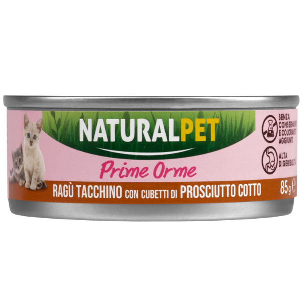 NaturalPet Cat Kitten Ragù Prime Orme 85 gr - Ragù di tacchino con cubetti di prosciutto cotto - Confezione da 6 pezzi