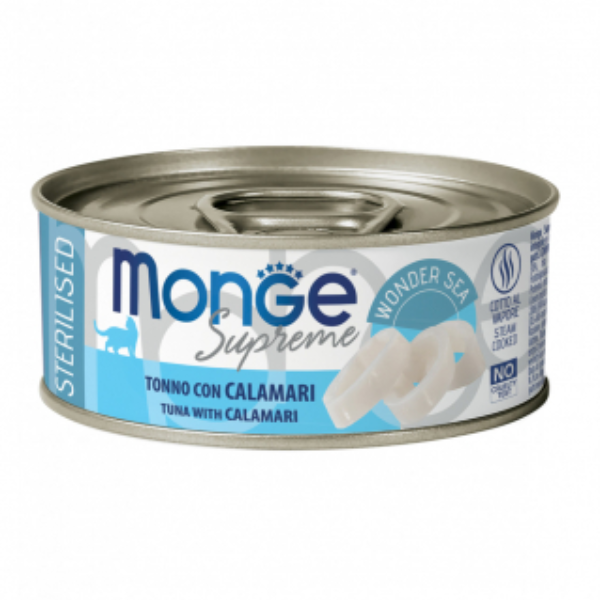 Monge Supreme Sterilised in salsa lattina da 80 gr - Tonno con calamari - 1° ORDINE? scegli lo sconto BZR5 / BZR20 + 200 punti fedeltà