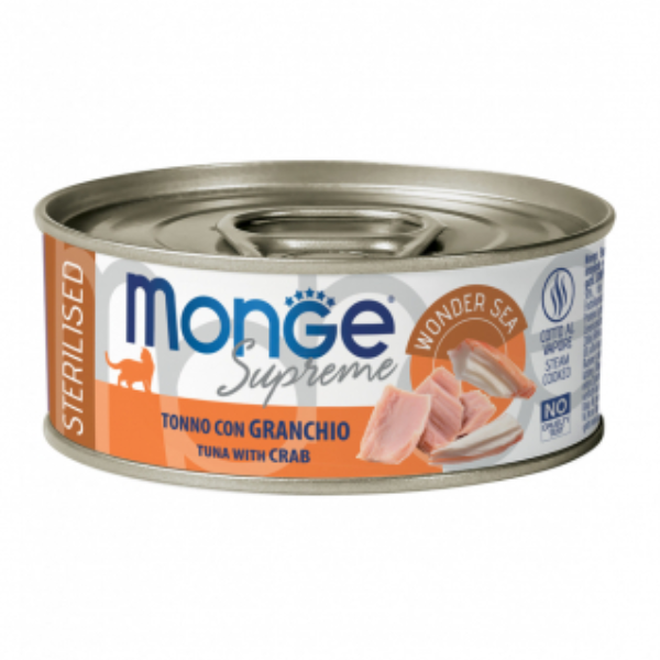 Monge Supreme Sterilised in salsa lattina da 80 gr - Tonno con granchio - 1° ORDINE? scegli lo sconto BZR5 / BZR20 + 200 punti fedeltà