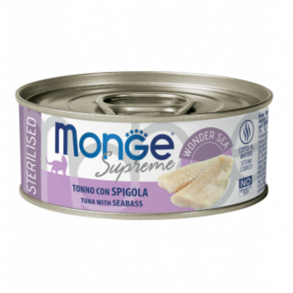 Monge Supreme Sterilised in salsa lattina da 80 gr - Tonno con spigola - 1° ORDINE? scegli lo sconto BZR5 / BZR20 + 200 punti fedeltà