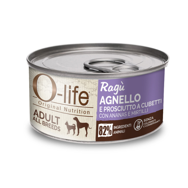 O-life Dog Adult Ragù 150 gr - Agnello e prosciutto a cubetti con ananas e mirtilli - Confezione da 6 pezzi - Cibo Umido per Cani