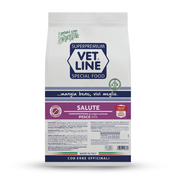 Vet Line Secco Monoproteico Cane Salute Pesce - 3 Kg - Crocchette Monoproteiche Cane - 1° ORDINE? scegli lo sconto BZR5 / BZR20 + 200 punti fedeltà