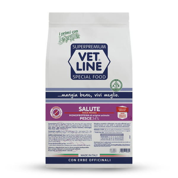 Vet Line Secco Monoproteico Cane Salute Taglia Piccola Pesce - 3 Kg - Crocchette Monoproteiche Cane - 1° ORDINE? scegli lo sconto BZR5 / BZR20 + 200 punti fedeltà