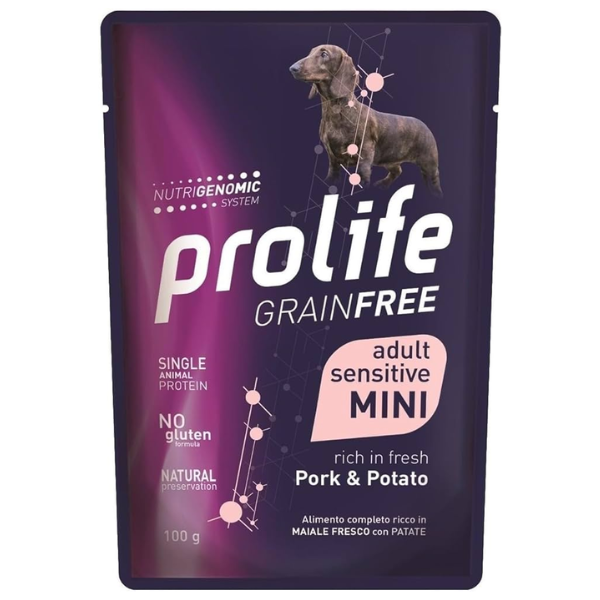 Image of Prolife Grain Free Dog Mini 100 gr - Maiale e Patate - Confezione da 10 pezzi - Cibo Umido per Cani - 1° ORDINE? scegli lo sconto BZR5 / BZR20 + 200 punti fedeltà010