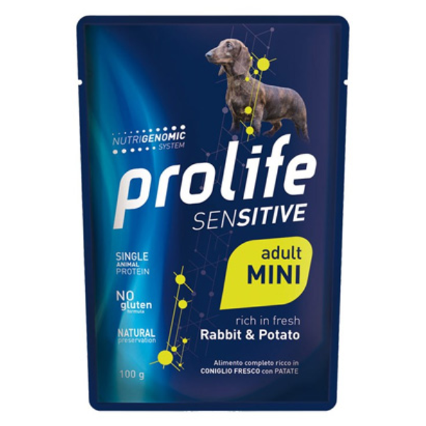 Prolife Sensitive Dog Mini 100 gr - Coniglio e Patate - Confezione da 10 pezzi - Cibo Umido per Cani - 1° ORDINE? scegli lo sconto BZR5 / BZR20 + 200 punti fedeltà