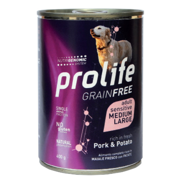 Prolife Grain Free Sensitive Dog Adult Medium/Large 400 gr - Maiale e Patate - Confezione da 6 pezzi - Umido Monoproteico Cane
