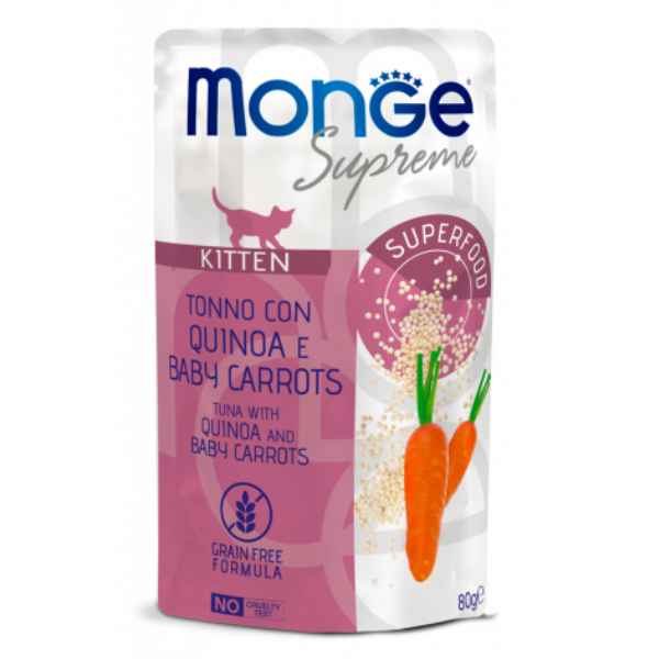 Monge Supreme Kitten in salsa bustina da 80 gr - Tonno con quinoa e carote Confezione da 24 pezzi - 1° ORDINE? scegli lo sconto BZR5 / BZR20 + 200 punti fedeltà