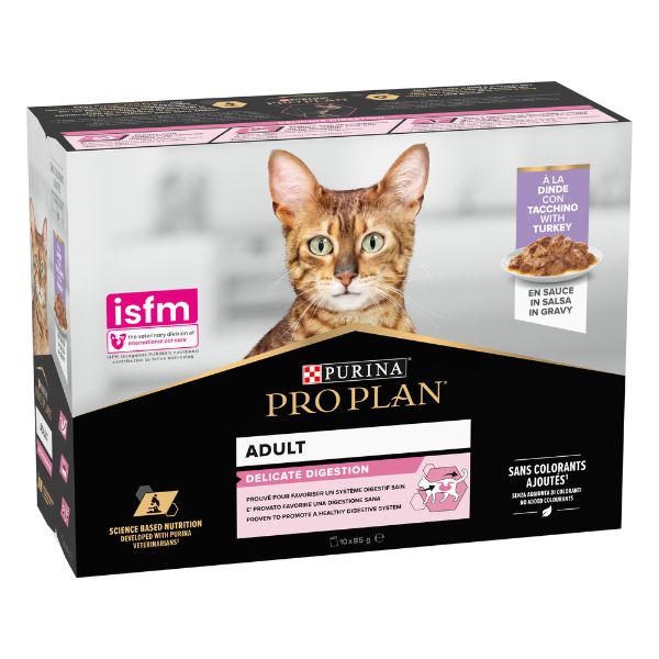 Image of Purina Pro Plan Cat Adult Delicate Digestion in salsa Multipack 10x85g - Tacchino Cibo umido per gatti