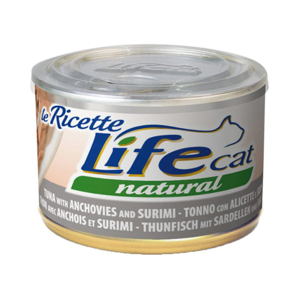 Life Cat Natural Le Ricette 150 gr - Tonnetto con Alicette e Surimi - Confezione da 6 pezzi - Cibo umido per gatti - 1° ORDINE? scegli lo sconto BZR5 / BZR20 + 200 punti fedeltà