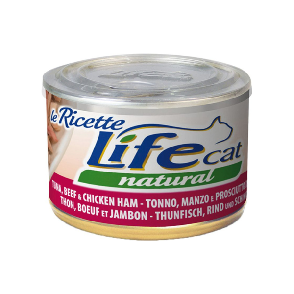 Life Cat Natural Le Ricette 150 gr - Tonnetto con Manzo e Prosciutto - Confezione da 6 pezzi - Cibo umido per gatti - 1° ORDINE? scegli lo sconto BZR5 / BZR20 + 200 punti fedeltà