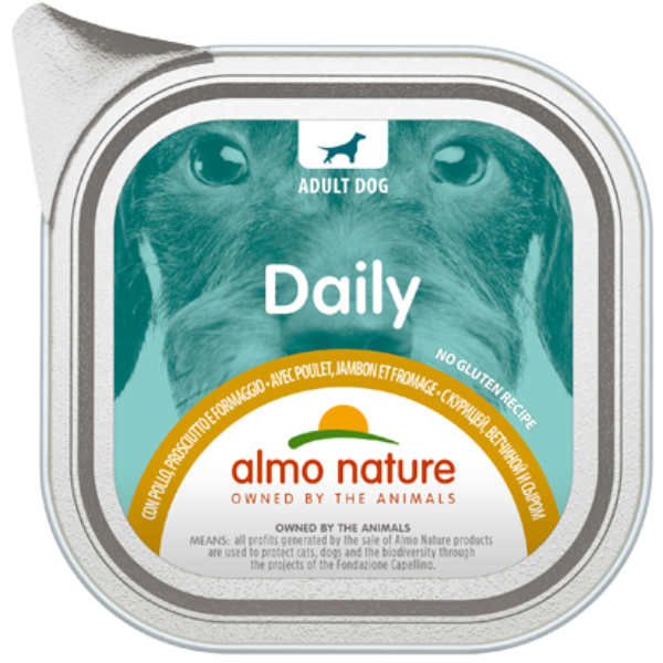 Image of Almo Nature Daily Menù Dog 300 gr - Pollo, Prosciutto e Formaggio Confezione da 9 pezzi Cibo Umido per Cani
