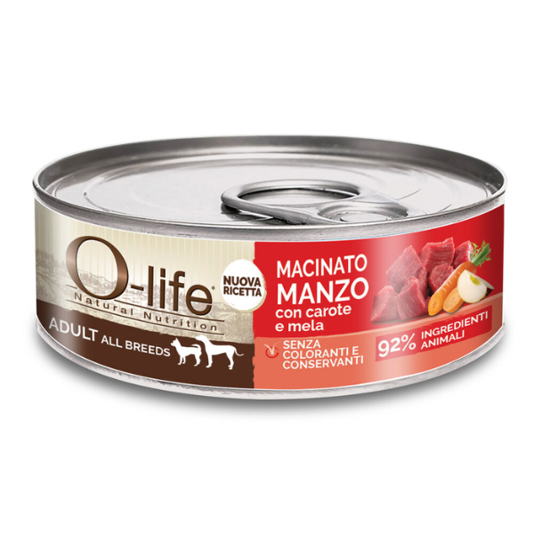 O-life Dog Adult All Breeds Macinato 85 gr - Manzo con Carote e Mela - Confezione da 6 pezzi - Cibo Umido per Cani