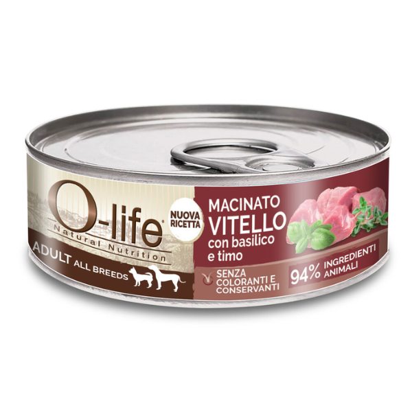 O-life Dog Adult All Breeds Macinato 85 gr - Vitello con Basilico e Timo - Confezione da 6 pezzi - Cibo Umido per Cani