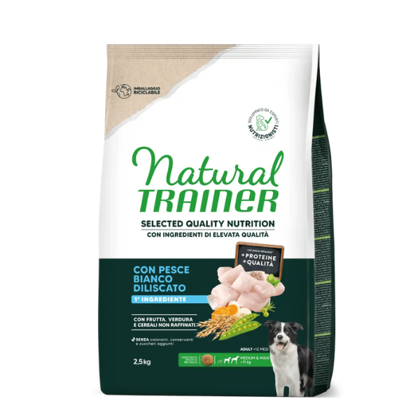 Natural Trainer Selected Quality Adult Medium e Maxi con Pesce Bianco - 2,5 kg - Croccantini per cani - 1° ORDINE? scegli lo sconto BZR5 / BZR20 + 200 punti fedeltà