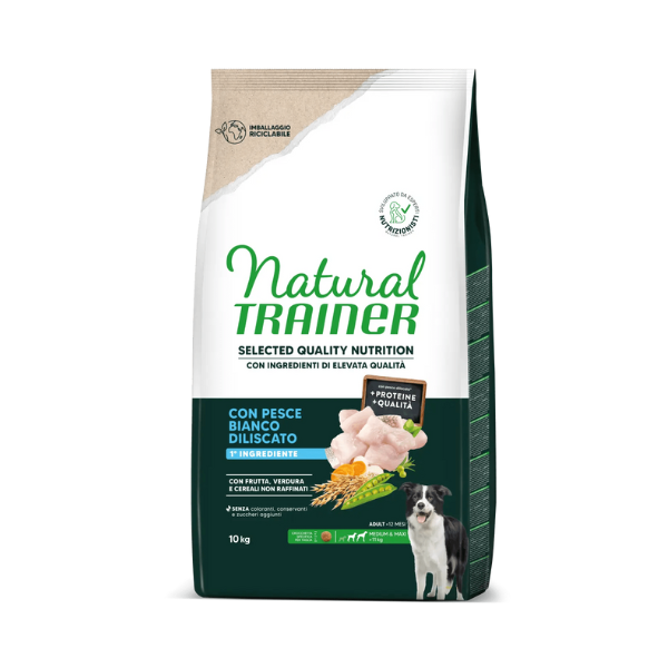 Natural Trainer Selected Quality Adult Medium e Maxi con Pesce Bianco - 10 kg - Croccantini per cani - 1° ORDINE? scegli lo sconto BZR5 / BZR20 + 200 punti fedeltà
