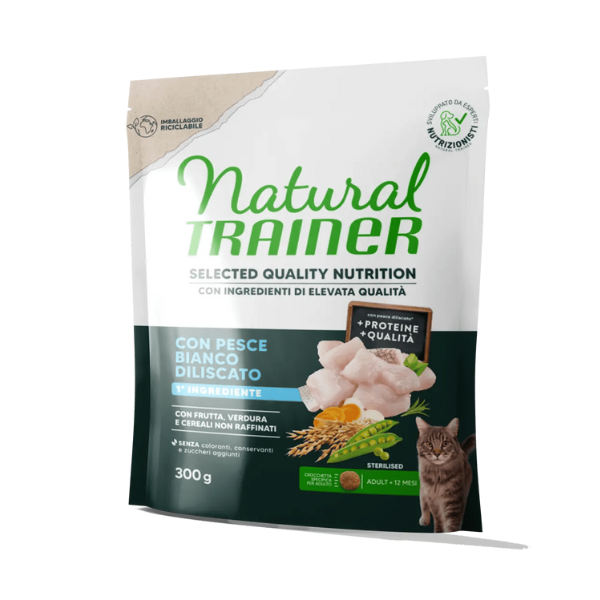 Natural Trainer Selected Quality Adult Cat Sterilised Grain Free Pesce Bianco - 300 gr - Cibo monoproteico gatto - 1° ORDINE? scegli lo sconto BZR5 / BZR20 + 200 punti fedeltà