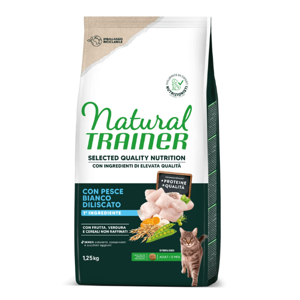 Natural Trainer Selected Quality Adult Cat Sterilised Grain Free Pesce Bianco - 1,25 kg - Cibo monoproteico gatto - 1° ORDINE? scegli lo sconto BZR5 / BZR20 + 200 punti fedeltà