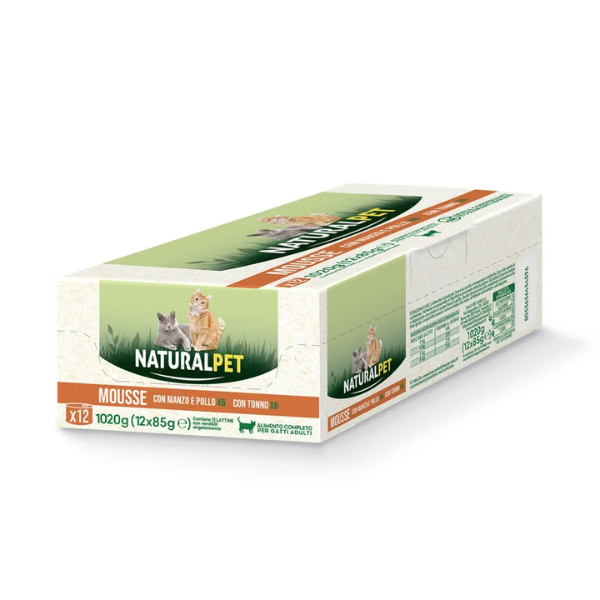 NaturalPet Cat Adult Mousse multipack 12x85 gr - Manzo e Pollo - Tonno - 1° ORDINE? scegli lo sconto BZR5 / BZR20 + 200 punti fedeltà