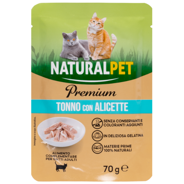 NaturalPet Premium Cat Adult Umido Bustine in Gelatina 70 gr - tonno con alicette Confezione da 6 pezzi - 1° ORDINE? scegli lo sconto BZR5 / BZR20 + 200 punti fedeltà