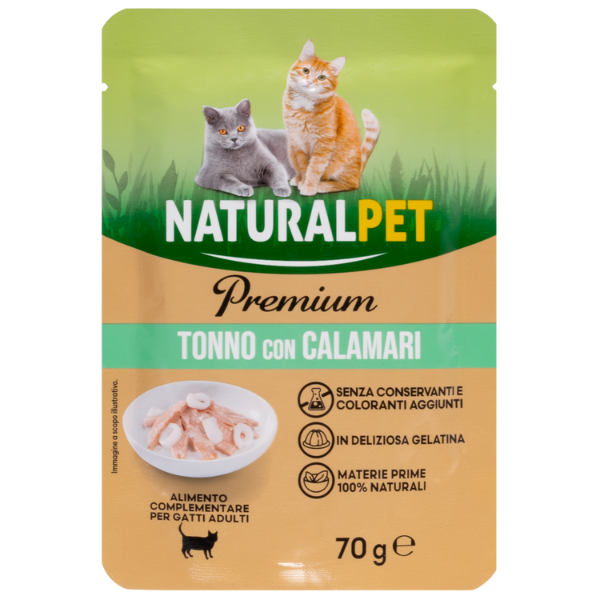 NaturalPet Premium Cat Adult Umido Bustine in Gelatina 70 gr - tonno con calamari Confezione da 6 pezzi - 1° ORDINE? scegli lo sconto BZR5 / BZR20 + 200 punti fedeltà