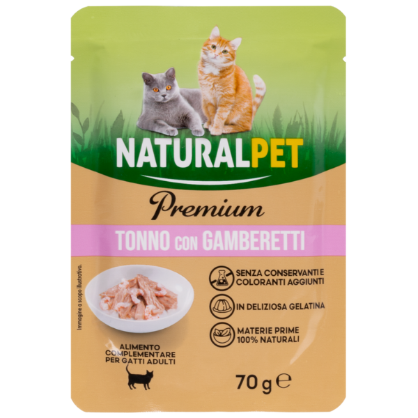 NaturalPet Premium Cat Adult Umido Bustine in Gelatina 70 gr - tonno con gamberetti Confezione da 6 pezzi - 1° ORDINE? scegli lo sconto BZR5 / BZR20 + 200 punti fedeltà