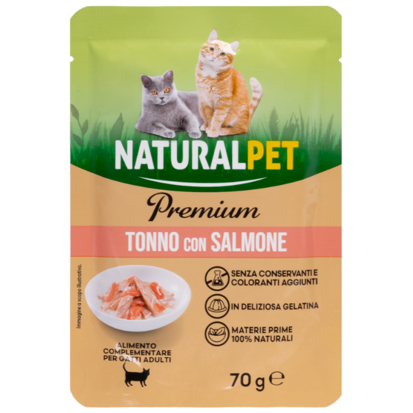 NaturalPet Premium Cat Adult Umido Bustine in Gelatina 70 gr - tonno con salmone Confezione da 6 pezzi - 1° ORDINE? scegli lo sconto BZR5 / BZR20 + 200 punti fedeltà
