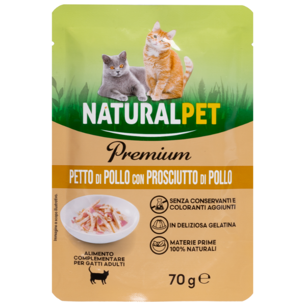 NaturalPet Premium Cat Adult Umido Bustine in Gelatina 70 gr - petto di pollo con prosciutto di pollo Confezione da 6 pezzi - 1° ORDINE? scegli lo sconto BZR5 / BZR20 + 200 punti fedeltà