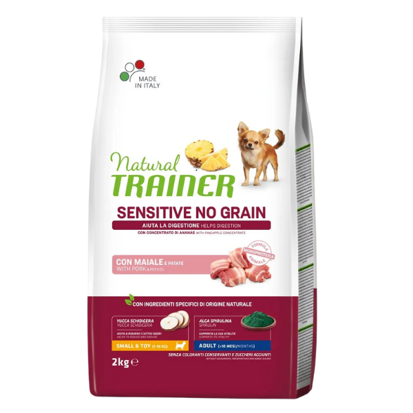 Natural Trainer Sensitive No Grain small & toy al maiale e patate - 2 kg - Crocchette Monoproteiche Cane - 1° ORDINE? scegli lo sconto BZR5 / BZR20 + 200 punti fedeltà
