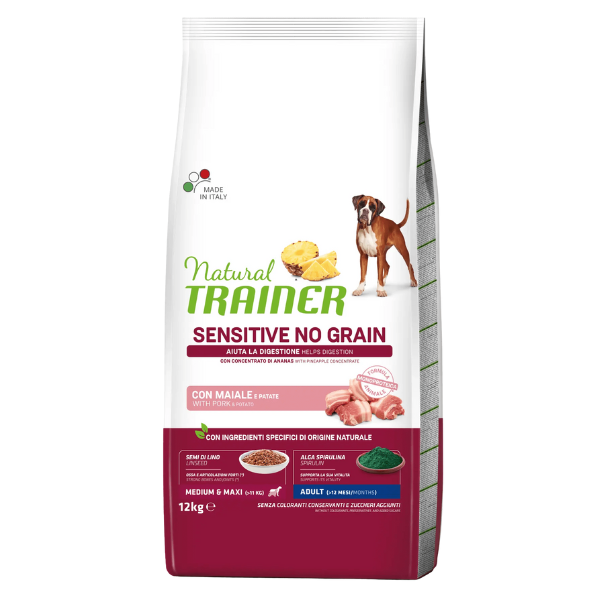 Natural Trainer Sensitive No Grain medium & maxi al maiale e patate - 12 kg - Crocchette Monoproteiche Cane - 1° ORDINE? scegli lo sconto BZR5 / BZR20 + 200 punti fedeltà