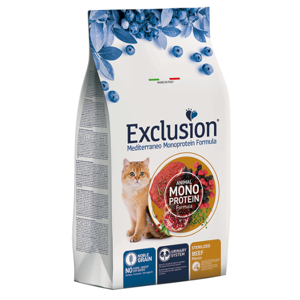 Exclusion Mediterraneo Cat Sterilizzato Manzo - 12 kg - Cibo monoproteico gatto - 1° ORDINE? scegli lo sconto BZR5 / BZR20 + 200 punti fedeltà