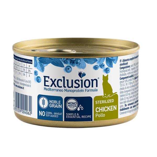 Exclusion Mediterraneo Cat Sterilizzato Noble Grain Monoproteico 85gr - pollo - Confezione da 6 pezzi - Cibo monoproteico gatto - 1° ORDINE? scegli lo sconto BZR5 / BZR20 + 200 punti fedeltà